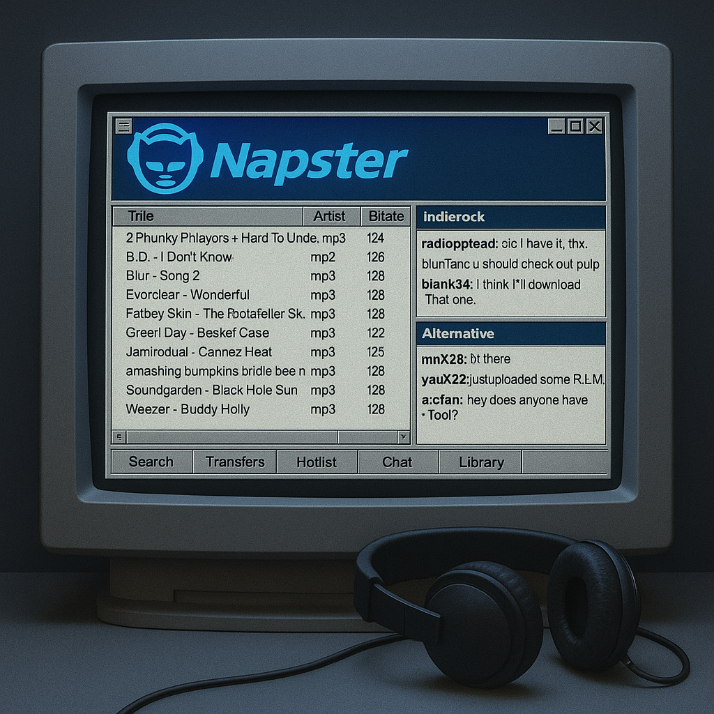 Retro CRT monitor showing Napster’s early 2000s interface with MP3 file lists and chat rooms, with black headphones resting on the desk in front of the screen.