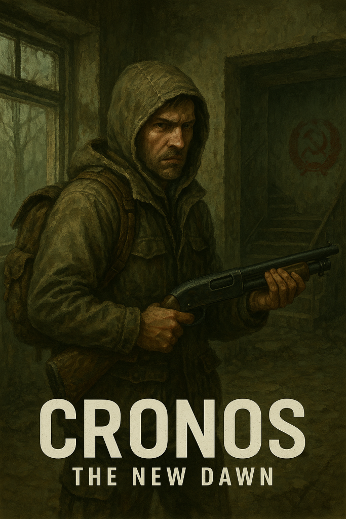 The Traveler, wearing a hooded jacket and backpack, grips a shotgun inside a decayed Soviet-era building with a faded red hammer-and-sickle emblem on the wall, capturing the eerie survival horror setting of Cronos: The New Dawn.
