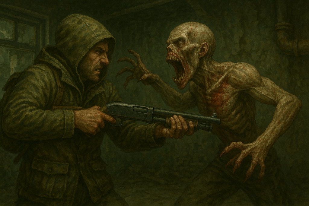 The Traveler in a hooded jacket struggles with a shotgun as a grotesque Orphan lunges at him, mouth wide open in a scream, inside a ruined building—an intense survival horror combat scene from Cronos: The New Dawn.