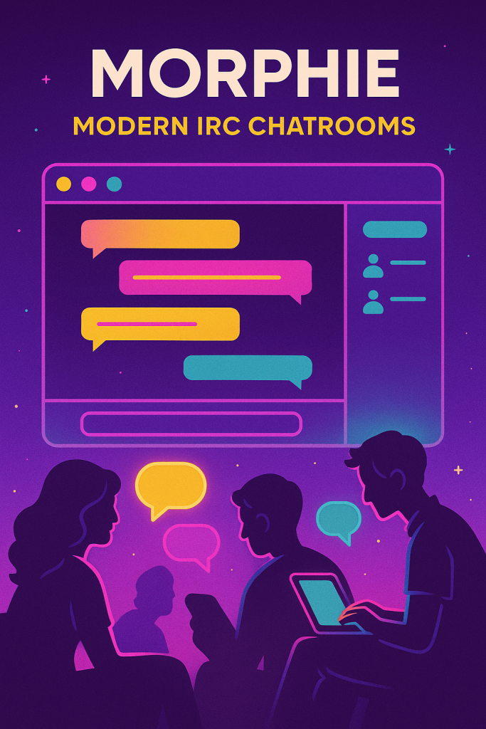 Illustration of people chatting with glowing digital bubbles in a retro IRC-style chatroom interface. Bright purple, yellow, and teal colors with the Morphie logo and tagline “Modern IRC Chatrooms.”