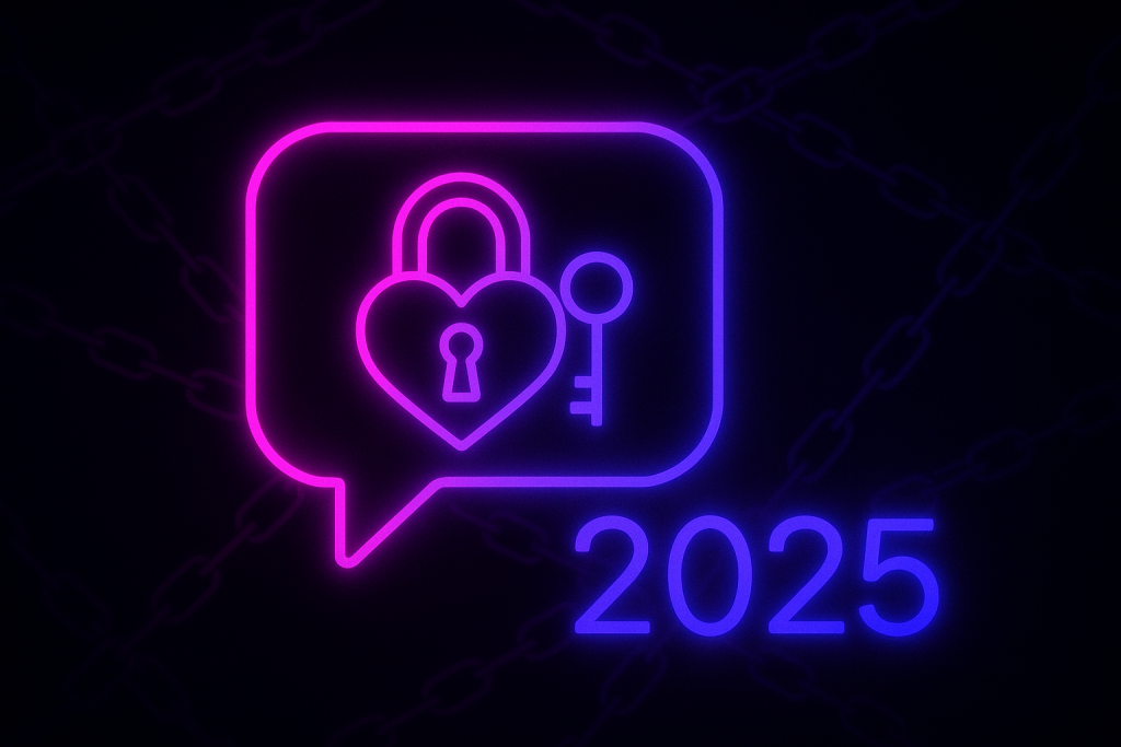 Neon 2025 featured image for BDSM chat rooms blog post on Morphie.com. A glowing pink and purple chat bubble with a heart-shaped lock and key, set against a dark background with subtle chain patterns.