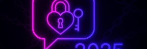 Neon 2025 featured image for BDSM chat rooms blog post on Morphie.com. A glowing pink and purple chat bubble with a heart-shaped lock and key, set against a dark background with subtle chain patterns.