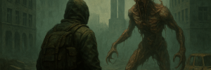 A lone Traveler holding a shotgun faces a grotesque Orphan creature in a decayed, brutalist cityscape of 1980s Poland, promotional art for Cronos: The New Dawn.