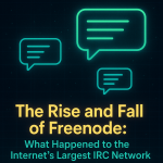 Retro neon-style illustration showing glowing chat bubbles on a dark pixel-grid background. Bold text reads: ‘The Rise and Fall of Freenode: What Happened to the Internet’s Largest IRC Network.’ The design has a nostalgic computer-terminal feel with bright teal and yellow accents.