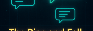 Retro neon-style illustration showing glowing chat bubbles on a dark pixel-grid background. Bold text reads: ‘The Rise and Fall of Freenode: What Happened to the Internet’s Largest IRC Network.’ The design has a nostalgic computer-terminal feel with bright teal and yellow accents.