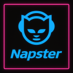 Neon blue Napster logo featuring a cat face with headphones, glowing against a black background with a vibrant pink neon border.