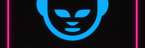 Neon blue Napster logo featuring a cat face with headphones, glowing against a black background with a vibrant pink neon border.
