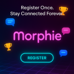 Morphie glowing login screen with chat bubbles, trophy icons, and a neon register button – symbolizing always-connected chat and saved conversations.