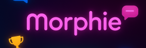 Morphie glowing login screen with chat bubbles, trophy icons, and a neon register button – symbolizing always-connected chat and saved conversations.