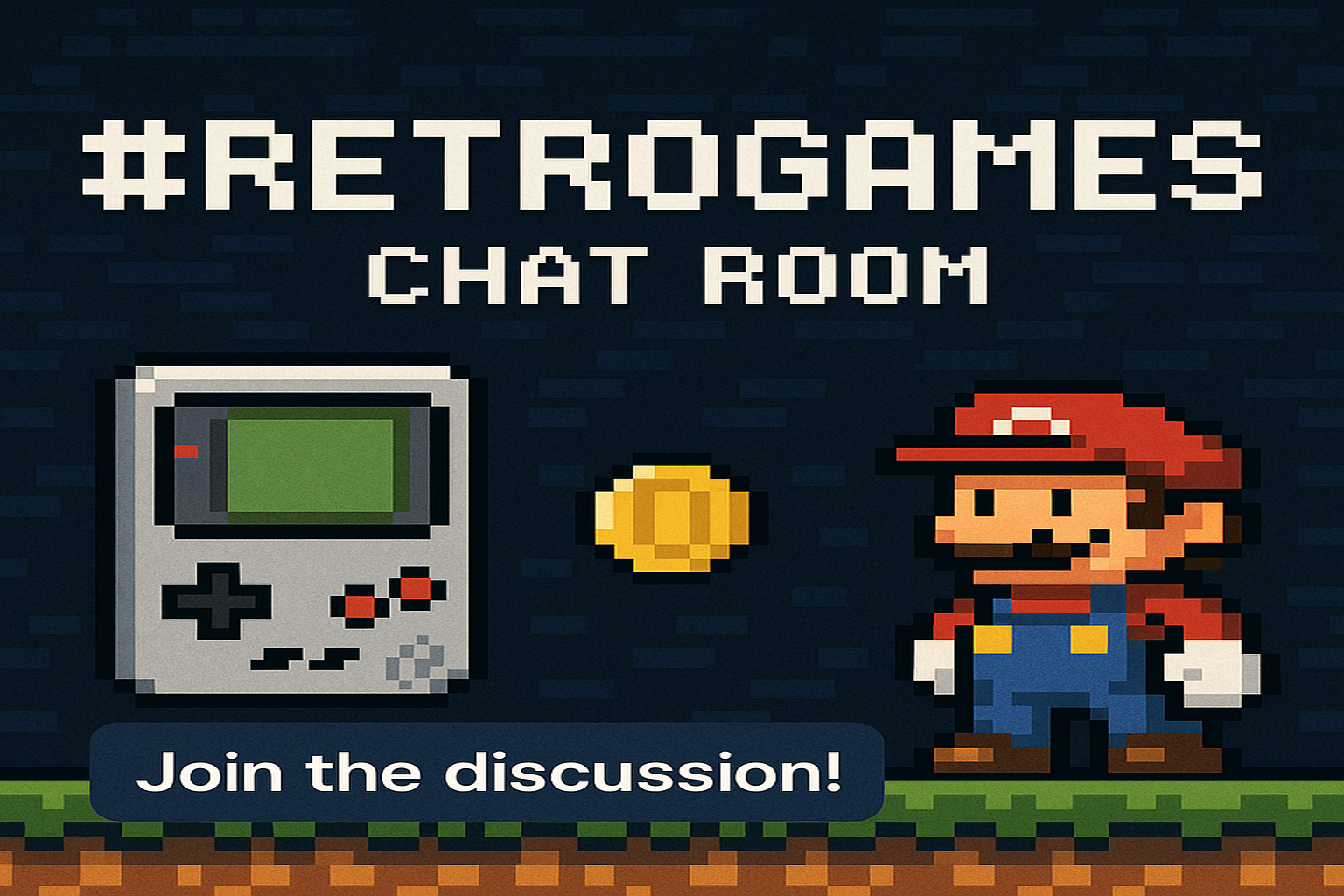 Pixel-art hero banner for Morphie’s #RetroGames chat room, featuring bold white hashtag text, a retro handheld console, a golden coin, and a Mario-style character on a dark blue pixel background with the phrase ‘Join the discussion!’ in a speech bubble.