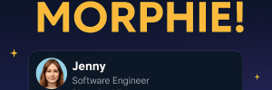 A glowing Morphie hero banner with the text “Profiles Now Live on Morphie!” in bold white and gold letters. The background fades from navy to purple with small golden stars. Below, four user profile cards are displayed — “Jenny, Software Engineer, Phoenix, AZ,” “Ethan, Premium,” “Sarah, Event Host,” and “Alex” — each with circular profile pictures and icons. The design has a sleek, retro-modern IRC style with Morphie’s signature dark theme and gold highlights.