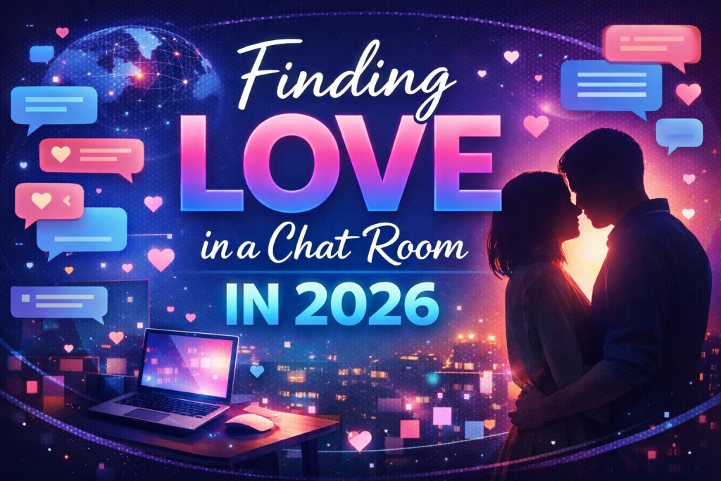 Futuristic illustration of a couple silhouetted against neon blue and pink city lights, surrounded by floating chat bubbles and hearts, with a glowing laptop and the text “Finding Love in a Chat Room in 2026.”