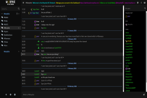 Screenshot of the Morphie IRC Network web interface showing the #Morphie channel. The chat window displays user messages, join/leave notifications, and timestamps from January and February 2026. The left sidebar lists other channels, and the right sidebar shows online users and staff. The interface has a dark theme with colored usernames and system messages.