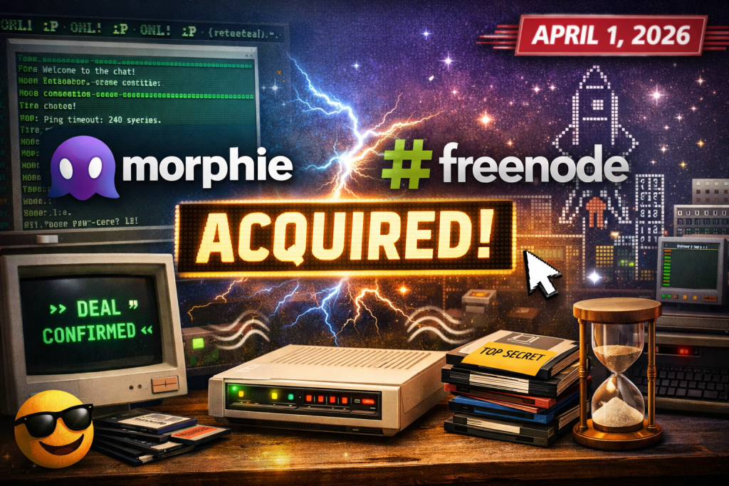 Retro-styled April Fools announcement graphic showing Morphie and Freenode logos with a bold “ACQUIRED!” banner, vintage computers, floppy disks, and an old-school IRC chat screen celebrating Morphie’s fake acquisition.