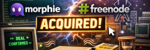 Retro-styled April Fools announcement graphic showing Morphie and Freenode logos with a bold “ACQUIRED!” banner, vintage computers, floppy disks, and an old-school IRC chat screen celebrating Morphie’s fake acquisition.