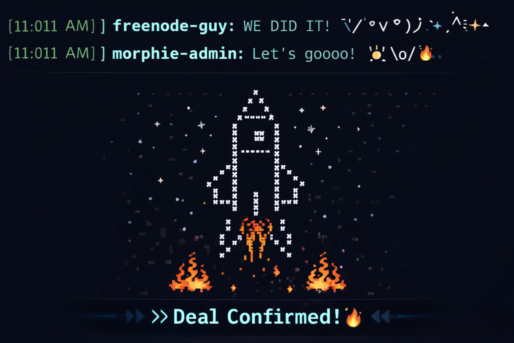 Screenshot-style retro chat graphic showing an ASCII rocket launch with flames and celebratory messages referencing Freenode and Morphie, ending with a glowing “Deal Confirmed!” banner in a nostalgic IRC interface.