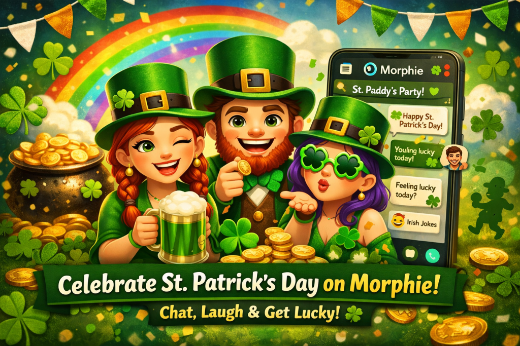 Festive St. Patrick’s Day scene on Morphie.com with three cheerful avatars wearing green leprechaun hats. One holds a green drink, another blows a kiss, and a third holds a gold coin. Shamrocks, gold coins, chat bubbles, and a rainbow fill the background, with a smartphone screen showing St. Paddy’s Party messages.
