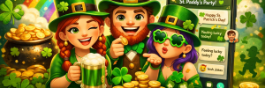 Festive St. Patrick’s Day scene on Morphie.com with three cheerful avatars wearing green leprechaun hats. One holds a green drink, another blows a kiss, and a third holds a gold coin. Shamrocks, gold coins, chat bubbles, and a rainbow fill the background, with a smartphone screen showing St. Paddy’s Party messages.