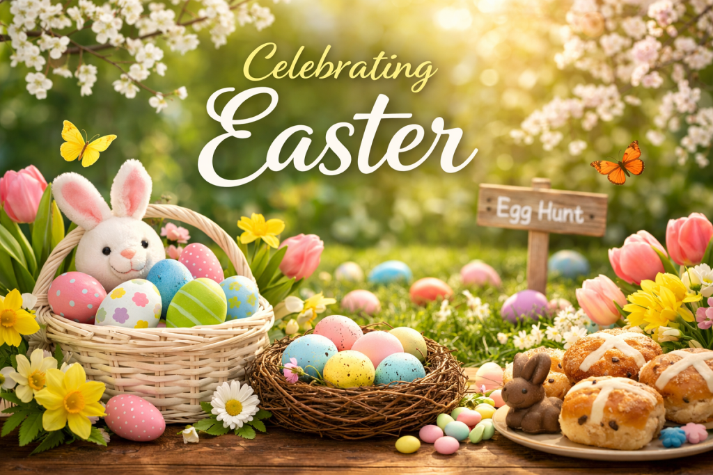 Colorful Easter scene featuring a wicker basket filled with decorated eggs and a plush bunny, surrounded by spring flowers, pastel eggs, butterflies, and a wooden “Egg Hunt” sign, with the words “Celebrating Easter” displayed above in a sunny garden setting.