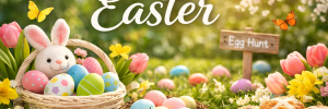 Colorful Easter scene featuring a wicker basket filled with decorated eggs and a plush bunny, surrounded by spring flowers, pastel eggs, butterflies, and a wooden “Egg Hunt” sign, with the words “Celebrating Easter” displayed above in a sunny garden setting.