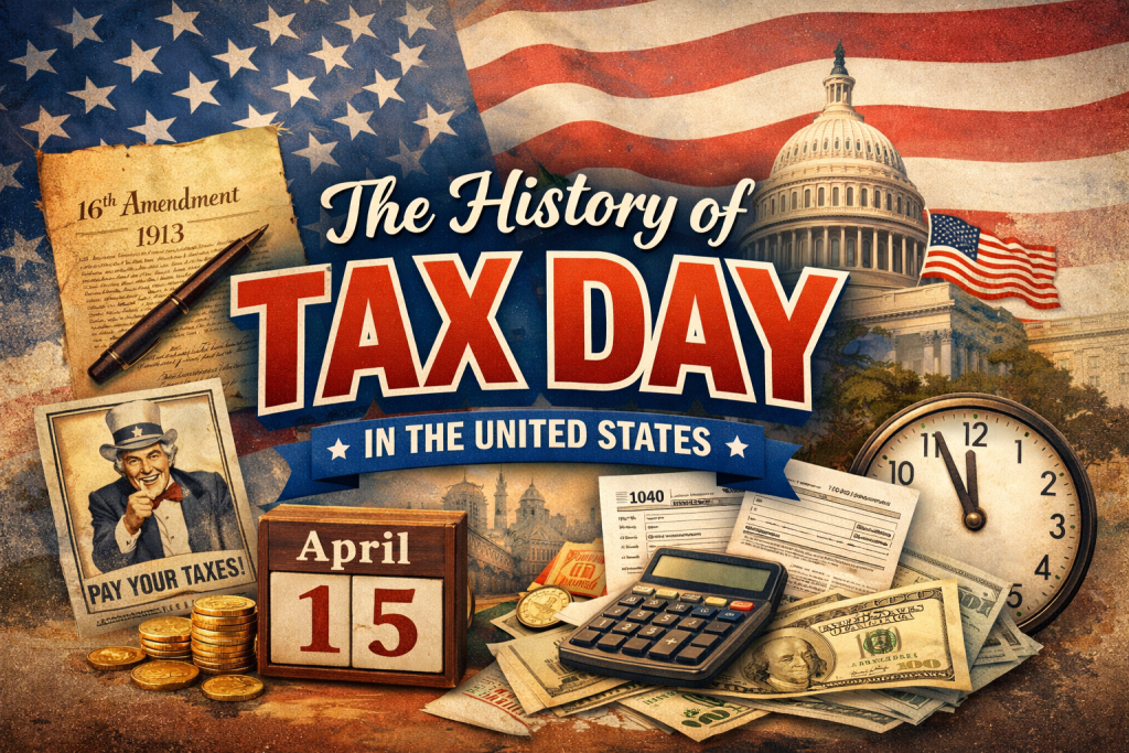 Featured image showing a vintage-style collage about U.S. Tax Day, with a waving American flag in the background, the U.S. Capitol building, and bold text reading “The History of Tax Day in the United States.” Surrounding elements include a “16th Amendment 1913” document, Uncle Sam illustration, April 15 calendar block, tax forms (1040), calculator, clock nearing midnight, and scattered U.S. currency and coins.