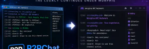 Illustration showing the evolution of the P2PChat IRC Network into the Morphie IRC Network, with the legacy P2PChat interface transitioning to the modern Morphie platform, symbolizing the continued community under Morphie ownership.
