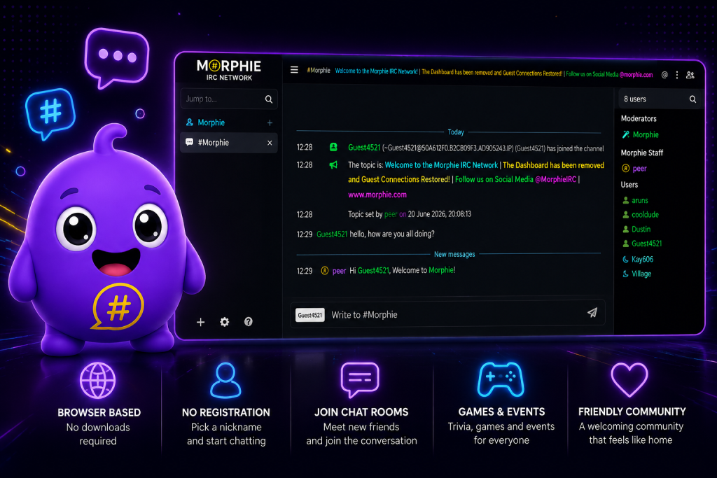 Morphling, the official Morphie mascot, standing beside the Morphie IRC Network web chat interface, highlighting browser-based chat rooms with no downloads or registration required.