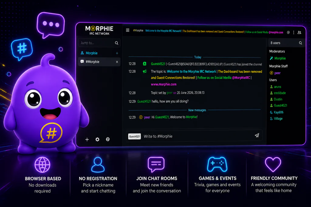 Morphling, the official Morphie mascot, standing beside the Morphie IRC Network web chat interface, highlighting browser-based chat rooms with no downloads or registration required.