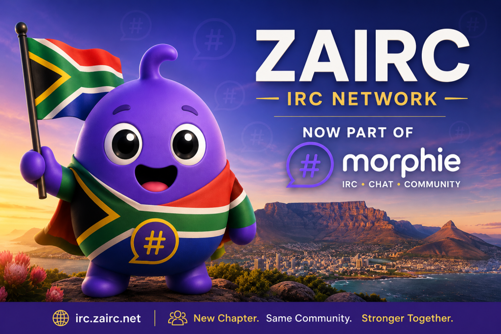 South Africa-themed Morphling holding the South African flag with ZAIRC IRC Network and Now Part of Morphie branding.