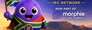 South Africa-themed Morphling holding the South African flag with ZAIRC IRC Network and Now Part of Morphie branding.