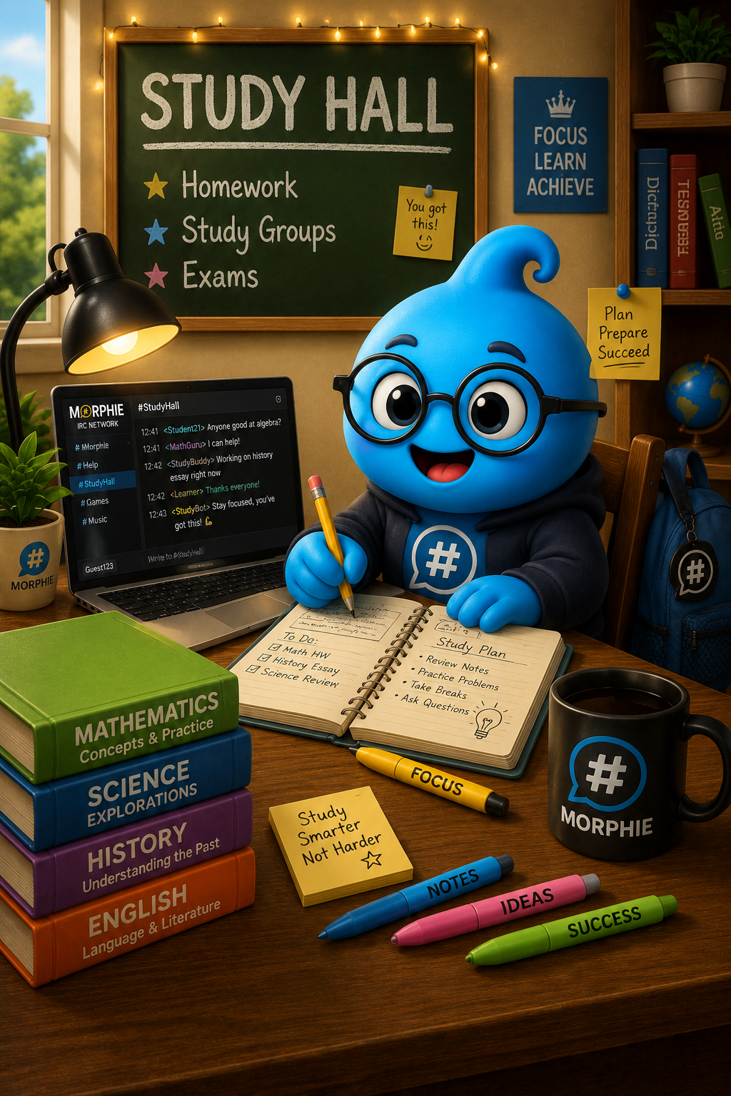 Study Hall Morphling studying at a desk in the official Study Hall chat room