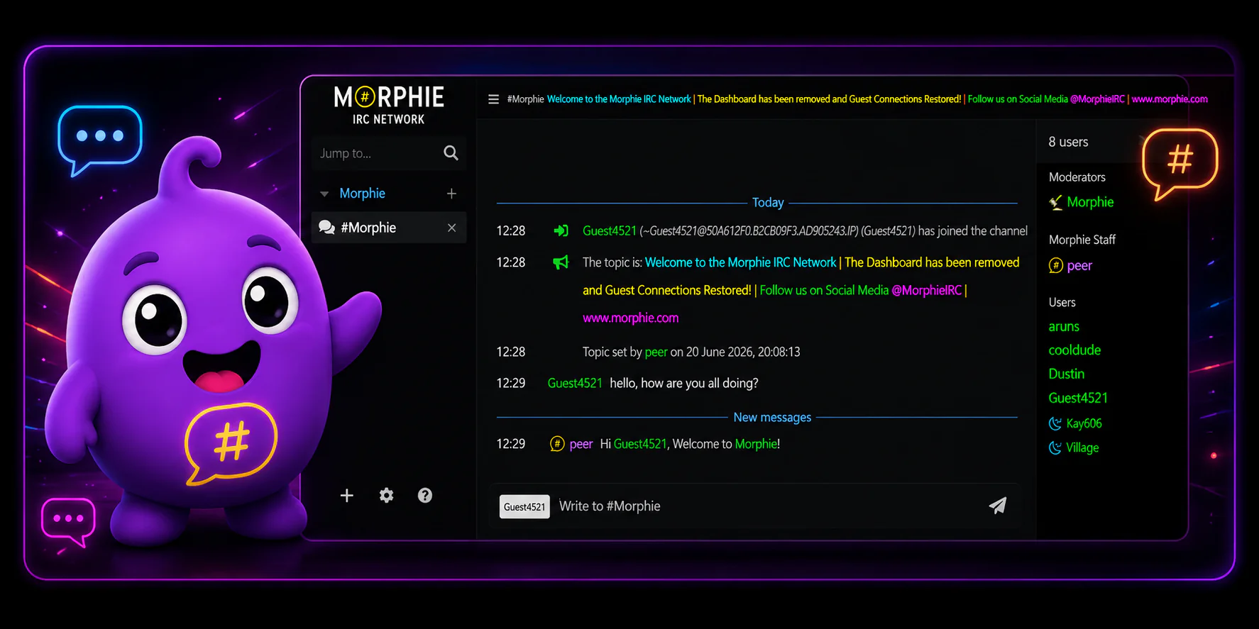 Modern desktop setup displaying the Morphie IRC Network chat client